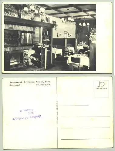 () Ansichtskarte. Restaurant-Grillroom Sonne, Bern, Baerenplatz 7. Postalisch nicht gelaufen, eventuell von 1950 oder aelter ??