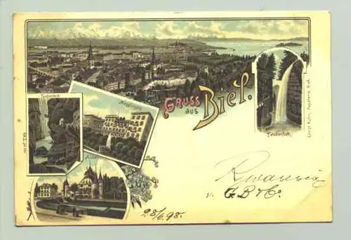 (1018487) Ansichtskarte aus der Schweiz. "Gruss aus Biel". Beschrieben u. postalisch gelaufen mit Marke u. Stempel v. 1899. Ernst Kuhn, Biel
