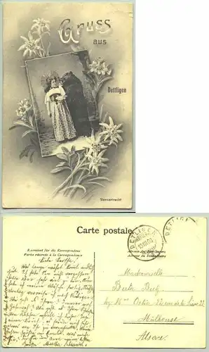 () Ansichtskarte aus der Schweiz. "Gruss aus Dettligen - Bernertracht". Beschrieben u. postalisch gelaufen (Marke geloest) u. Stempel v. 1908