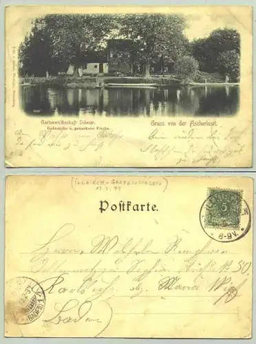 (1019901) Ansichtskarte 1899 "Gruss von der Fischerinsel. Gartenwirthschaft Scherer". (Heute Frankreich / in der Naehe von Strassburg)