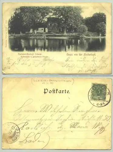 () Ansichtskarte 1899 "Gruss von der Fischerinsel. Gartenwirthschaft Scherer". (Heute Frankreich / in der Naehe von Strassburg)