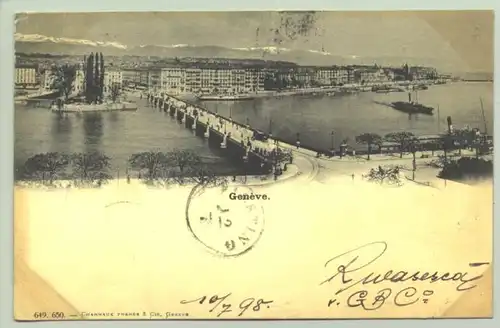 () Ansichtskarte aus der Schweiz. "Geneve". Beschrieben u. postalisch gelaufen mit Marke u. Stempel v. 1898. links oben leicht knittrig