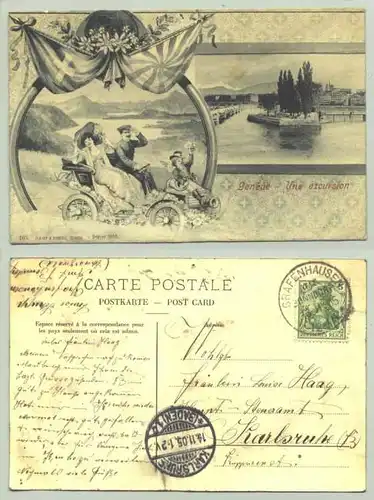 () Ansichtskarte. Genf. Postalisch gelaufen 1905. 3 Nadelloecher