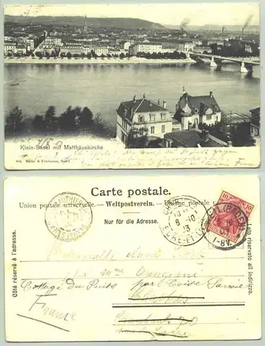 () Ansichtskarte aus der Schweiz. "Klein-Basel mit Matthaeuskirche". Beschrieben u. postalisch gelaufen mit Marke u. Stempel v. 1903