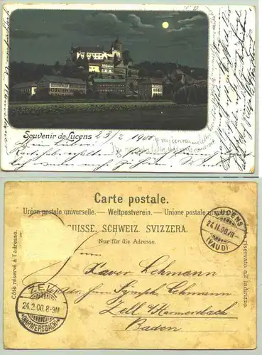 () Ansichtskarte aus der Schweiz. "Souvenir de Lucens". Beschrieben u. postalisch gelaufen (Marke etwas unsachgemaess entfernt) u. Stempel v. Lucens 1900