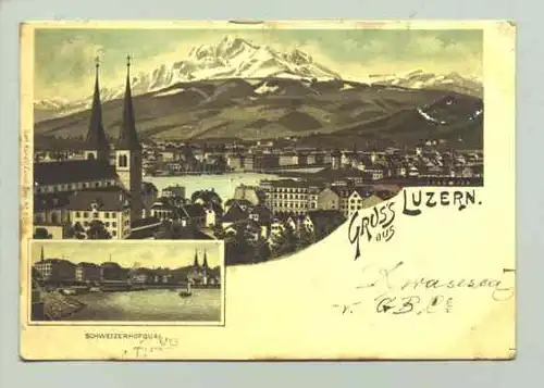 () Ansichtskarte aus der Schweiz. "Gruss aus Luzern". Beschrieben u. postalisch gelaufen mit Marke u. Stempel v. 1898. Carl Kuenzli, Zuerich