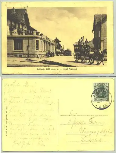 () Ansichtskarte aus der Schweiz. "Schlucht 1138 m. s. M. - Hotel Francais". Beschrieben u. postalisch gelaufen mit Marke u. Stempel v. 1913