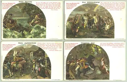 (1020238) 4 x Schweizer Kuenstler-Postkarten. Serie : Vierwaldstaettersee. Postalisch nicht gelaufen. Vermutlich um 1910 ? Gebrauchsspuren