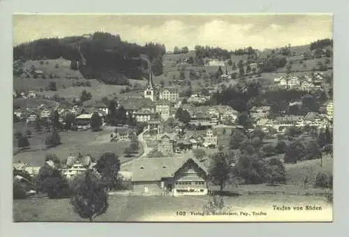 () Ansichtskarte aus der Schweiz. "Teufen von Sueden". Beschrieben u. postalisch gelaufen mit Marke u. Stempel v. 1908. Verlag J. Rechsteiner, Teufen