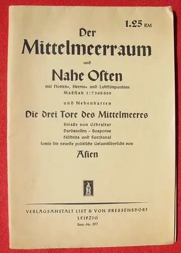 () Landkarte 'Der Mittelmeerraum und Nahe Osten' Ausgabe 1940, ca. 94 x 65 cm (!)