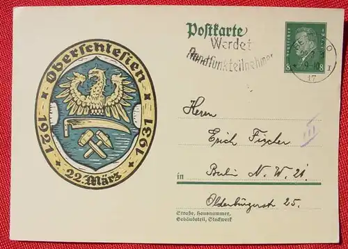 (1030608) Postkarte Volksabstimmung Oberschlesien 1921. Stempel 22. 3. 1931 ! (Jubilaeumsdaten)