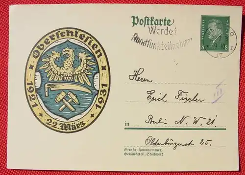 () Postkarte Volksabstimmung Oberschlesien 1921. Stempel 22. 3. 1931 ! (Jubilaeumsdaten)