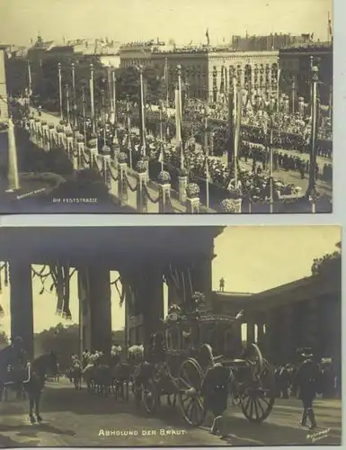 () Zwei Foto-Ansichtskarten von Rotophot, Berlin : "Die Feststrasse" u. "Abholung der Braut". Brandenburger Tor 1913. Originalkarten. Rückseiten Anschriftenfelder. Postalisch nicht gelaufen.