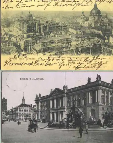 (1016848)  2 alte originale Ansichtskarten von BERLIN. Beide beschrieben u. postalisch gelaufen mit Marken u. Stempeln kurz nach 1900