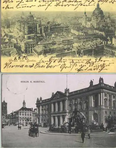 ()  2 alte originale Ansichtskarten von BERLIN. Beide beschrieben u. postalisch gelaufen mit Marken u. Stempeln kurz nach 1900