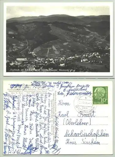 () Durbach 1956. Ansichtskarte. Gasthaus u. Pension Linde. PLZ-Bereich pauschal 77770. Postalisch gelaufen