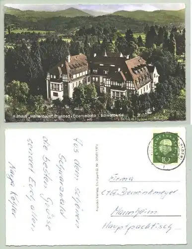 () Ansichtskarte. Kurhaus Marienheim, Erlenbad, Obersasbach. PLZ-Bereich pauschal 77880. Postalisch gelaufen 1959