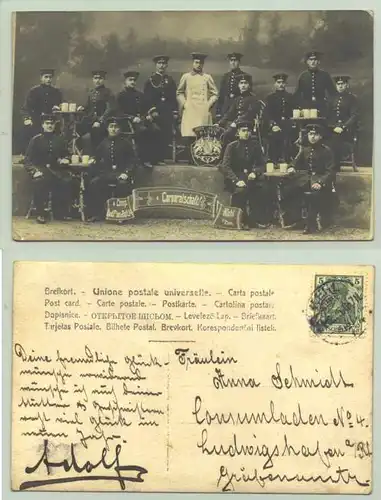 () Alte Foto-Ansichtskarte. Bad. Pion.-Batl. 14 Corporalschaft, Kehl am Rhein. PLZ-Bereich pauschal 77694. Postalisch gelaufen 1905