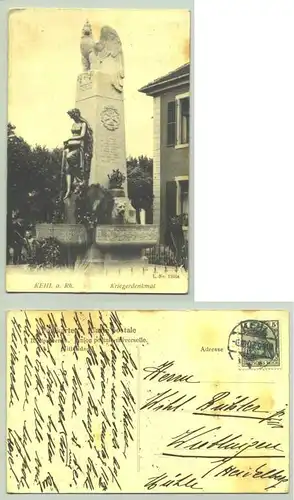 () Kehl 1907. Ansichtskarte. Kriegerdenkmal. PLZ-Bereich pauschal 77694. Postalisch gelaufen