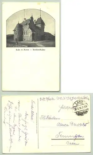 () Ansichtskarte. Lahr 1918. Artilleriekasino. PLZ-Bereich pauschal 77933. Postalisch gelaufen