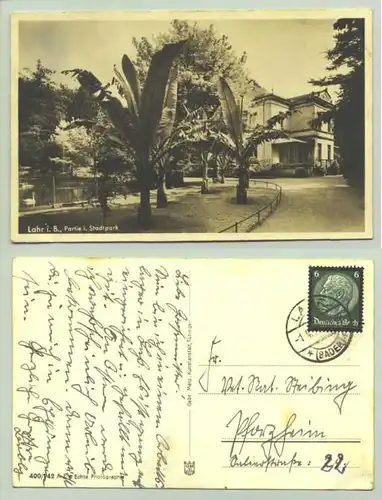 (1021528)  Ansichtskarte. Lahr - Partie im Stadtpark. PLZ-Bereich pauschal 77933. Postalisch gelaufen 1935 / etwas unleserlich