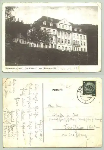 (-77933) Ansichtskarte. Lahr - Gebietsführerschule 'Fritz Kröber'. Postalisch gelaufen 1938. Starke Gebrauchsspuren.