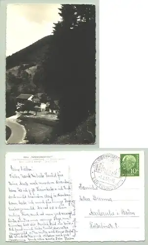 (1021467) Ansichtskarte. Oberharmersbach - Löcherberg / Haus Schwarzwald-Idyll. PLZ-Bereich pauschal 77784. Postalisch gelaufen mit schoenem Sonderstempel vom 1. 2. 1957