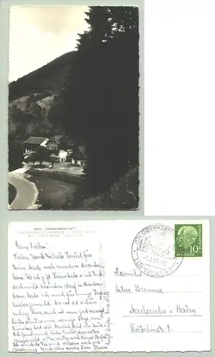 () Ansichtskarte. Oberharmersbach - Löcherberg / Haus Schwarzwald-Idyll. PLZ-Bereich pauschal 77784. Postalisch gelaufen mit schoenem Sonderstempel vom 1. 2. 1957