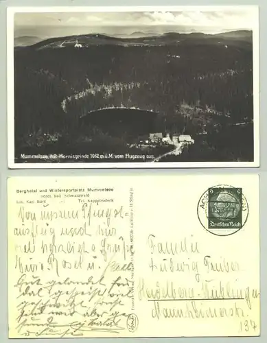 (1021507) Ansichtskarte. Mummelsee mit Hornisgrinde vom Flugzeug aus. Berghotel, Inh. Karl Buerk. PLZ-Bereich pauschal 77880. Postalisch gelaufen 1934
