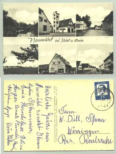 () Ansichtskarte. Neumuehl b. Kehl. PLZ-Bereich pauschal 77694. Postalisch gelaufen 1964