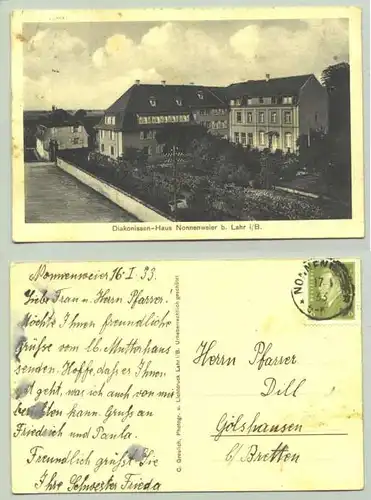 () Ansichtskarte. Diakonissen-Haus Nonnenweier b. Lahr. PLZ-Bereich pauschal 77963. Postalisch gelaufen 1933