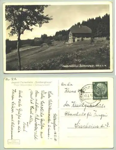 ()  Ottenhöfen. Ansichtskarte. Jugendherberge Sohlberghaus. PLZ-Bereich pauschal 77883. Postalisch gelaufen 1938