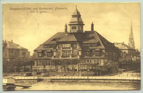 () Ansichtskarte "Dampfschiffhotel und Restaurant Blasewitz, Inh. R. Guettler". Dresden-Blasewitz. mit Marke u. Stempel von Dresden 1915. PLZ-Bereich 01307 ?