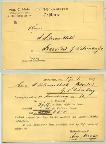 (1019132)  Postkarte mit Firmenaufdruck "Aug. C. Mohr Wollenwaarenfabrik Kellinghusen". PLZ-Bereich 25548. Beschrieben, aber postalisch nicht gelaufen. 1901