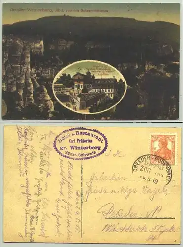 (1018587)  Ansichtskarte. "Hotel u. Restaurant auf dem grossen Winterberg - Carl Praetorius". Rubrik nicht sicher ! Bahnpoststempel von 1918