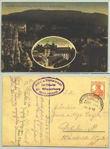 ()  Ansichtskarte. "Hotel u. Restaurant auf dem grossen Winterberg - Carl Praetorius". Rubrik nicht sicher ! Bahnpoststempel von 1918