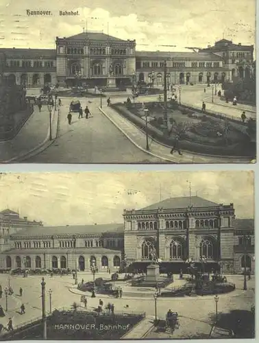 ()  2 huebsche alte Ansichtskarten "Hannover - Bahnhof". PLZ-Bereich pauschal 30159. Beschrieben u. postalisch gelaufen Hannover 1910