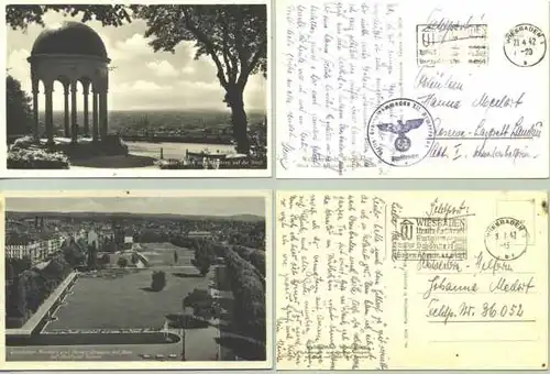 (1018915) 2 alte Ansichtskarten mit Motiven aus Wiesbaden. PLZ-Bereich pauschal 65189. Beschrieben u. postalisch gelaufen als Feldpostkarten 1942