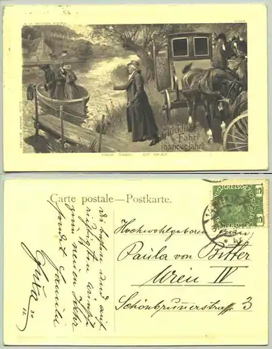 () Ansichtskarte. Neujahr. Alte Original-Neujahrskarte mit huebschem Motiv in Prägedruckrahmen. Kuenstlerzeichnung von A. J. Gough 'Zu spaet'. Beschrieben u. postalisch gelaufen, Wien um 1912