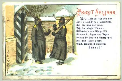 () Ansichtskarte. Neujahr. Neujahrskarte mit militaerischem Motiv "Prosit Neujahr". Verlag Steinberg, Karte No. 7. Beschrieben u. postalisch gelaufen 1909. # Militär