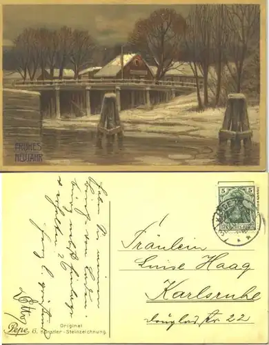 (1017563) Ansichtskarte. Neujahr. Alte Neujahrskarte "Original Kuenstler-Steinzeichnung" Pepe 6. Beschrieben u. postalisch gelaufen 1908