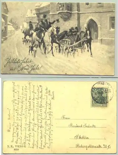 () Alte Ansichtskarte. Original-Neujahrskarte mit hübschem Motiv. Druckvermerk : V. K. Vienne 5059. Beschrieben u. postalisch gelaufen 1909 (etwas unleserlich)