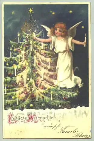 (1016378 ) Hübsche Weihnachten-Ansichtskarte mit aufgebrachten glitzernden Glimmerstückchen. mit Marke u. Stempel von 1900