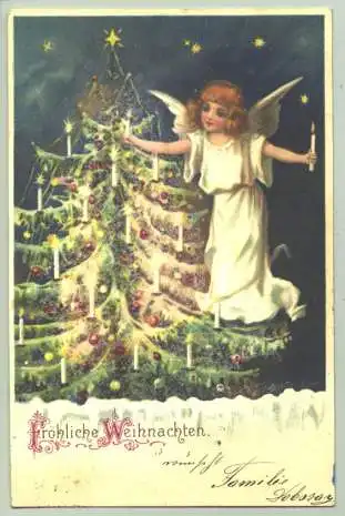 ( ) Hübsche Weihnachten-Ansichtskarte mit aufgebrachten glitzernden Glimmerstückchen. mit Marke u. Stempel von 1900