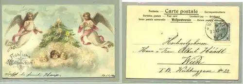 (1016382) Hübsche Weihnachten-Ansichtskarte mit aufgebrachten glitzernden Glimmerstückchen. mit Marke u. Stempel von 1900