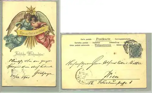 (1016380 ) Hübsche Weihnachten-Ansichtskarte mit aufgebrachten, erhoehten Verzierungs-Strichen. mit Marke u. Stempel von 1901