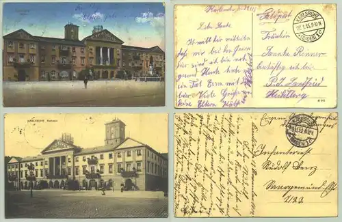 (1021085) 2 Ansichtskarten mit Motiven aus Karlsruhe / Rathaus. PLZ-Bereich pauschal 76131. Postalisch gelaufen 1912 und 1915. 1 AK mit Reissnaegelloecher