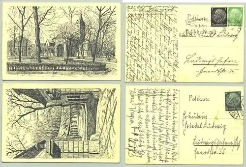(1021089) 2 Künstler-Ansichtskarten mit Motiven aus Karlsruhe. Federzeichnungen von Frau Irmgard Wagner, Karlsruhe. PLZ-Bereich pauschal 76131. Postalisch gelaufen 1936 und 1939