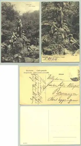 (1021082) 2 Ansichtskarten mit Motiven aus Karlsruhe / Nymphen-Gruppe. PLZ-Bereich pauschal 76131. Postalisch gelaufen, Marke entfernt (siehe bitte scan). Um 1910