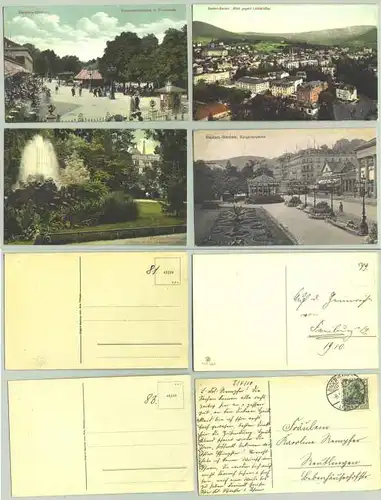 Baden-Baden 1910 (intern : 1021261)  4 Ansichtskarten. PLZ-Bereich pauschal 76530. Postalisch nur 1 AK gelaufen 1910
